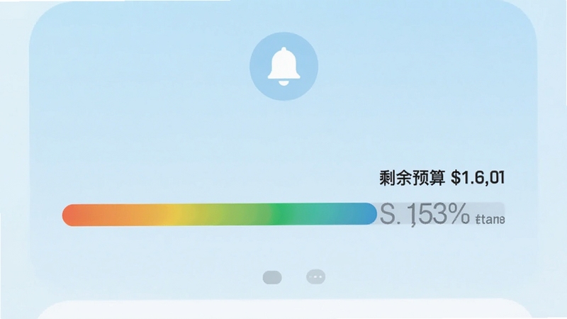 极简记账本预算设置与提醒界面,画面显示一条彩色进度条,进度条旁边标注剩余预算金额,顶部有铃铛图标,背景为浅蓝色渐变,风格极简