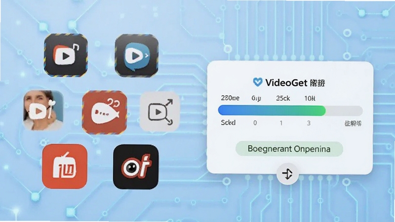 VideoGet 多平台视频链接解析功能示意图,画面左侧显示多个视频网站图标,右侧为 VideoGet 解析进度条与完成状态,背景为浅蓝色科技纹理,适配 Boogu 模型生成