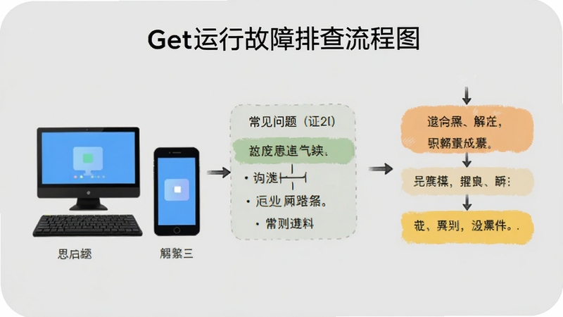 VideoGet 运行故障排查流程图,画面以信息图形式展示常见问题与解决步骤,包含电脑与手机图标,背景为柔和灰色,适配 Boogu 模型生成