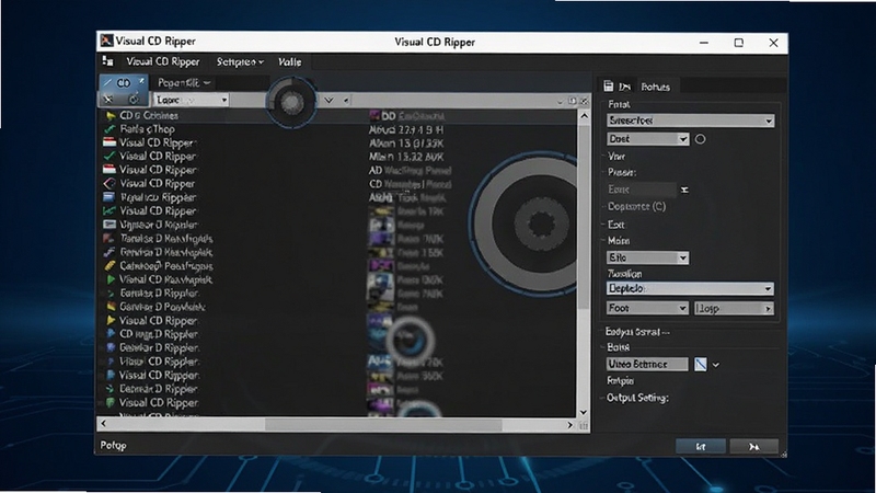 Visual CD Ripper 软件主界面全貌展示,画面中央为软件操作窗口,左侧显示CD曲目列表,右侧为格式选择与输出设置面板,背景为深蓝色渐变科技风格,整体布局清晰专业