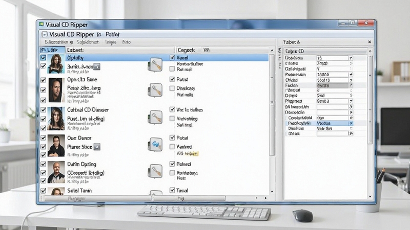 Visual CD Ripper 批量抓取与标签编辑界面示意图,画面显示多首曲目同时勾选状态与标签编辑面板,背景为浅色系办公环境,体现高效处理能力