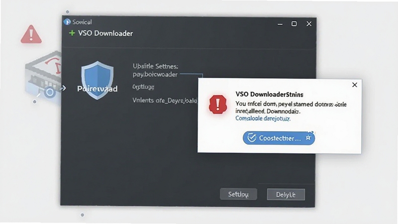 VSO Downloader��װ���ý����ͼ���ʾ��ͼ������չʾ��װ�򵼴��ںͷ���ǽ��ʾ����������Ϊǳ��ɫ���������к�ɫ��ʾ��־����ɫ�Ż���ʾͼ�꣬��Ϣͼ����ʺ�AI����
