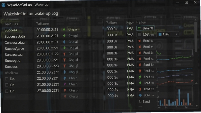 WakeMeOnLan wake-up log panel displaying success and failure records with timestamps, technical data visualization, dark theme interface, detailed text information, professional software design