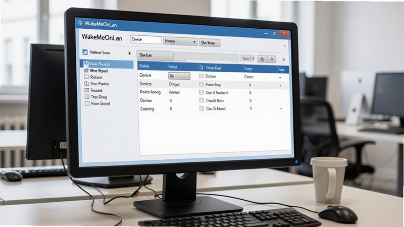 WakeMeOnLan software interface showing network scan results and device list on a computer screen, clean and organized layout, blue and white color theme, realistic screenshot style, high detail, office environment background