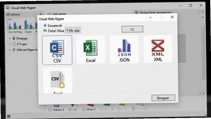 Visual Web Ripper ���ݵ�����ʽѡ����棬��������λ�ڴ������룬չʾ CSV��Excel��JSON��XML �ȶ��ֵ���ѡ���ͼ����˵�����֣�����Ϊǳɫϵ�������棬ͻ�����ݹ�����������ܣ����� Boogu ģ������