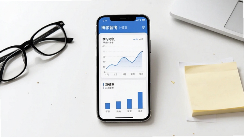 ��ѧ�ǿ�ѧϰ����ͳ��ҳ�棬��������Ϊ�ֻ���Ļչʾ����ͼ����״ͼ����ʾѧϰʱ������ȷ�ʱ仯������Ϊ���İ�ɫ�칫���棬�Ա߷����۾��ͱ�ǩֽ�������������Լ������Booguģ������