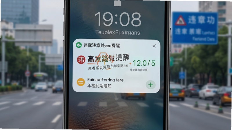 交通违章处理宝提醒功能展示,画面为手机锁屏界面弹出违章高发路段提醒与年检到期通知,背景为城市道路与交通标志牌虚化场景,风格写实清晰,适配Boogu模型生成