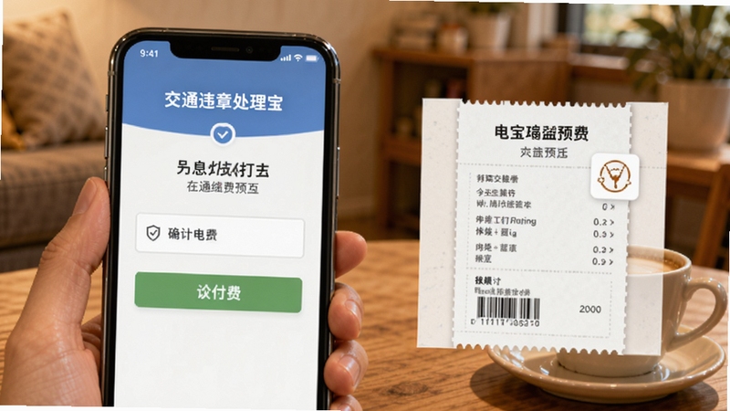 交通违章处理宝在线缴费页面,画面展示手机屏幕上的支付确认界面与电子票据预览,背景为暖色调室内环境与咖啡杯,体现便捷高效的居家办理场景,适配Boogu模型生成