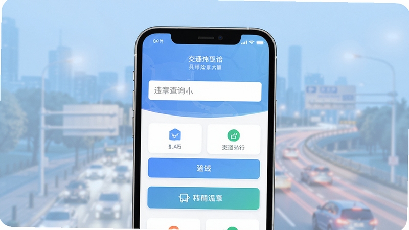 交通违章处理宝手机应用主界面展示,画面中央为软件首页截图,包含违章查询输入框与功能按钮,背景为淡蓝色渐变与城市道路虚化元素,整体风格清爽简洁,适配Boogu模型生成