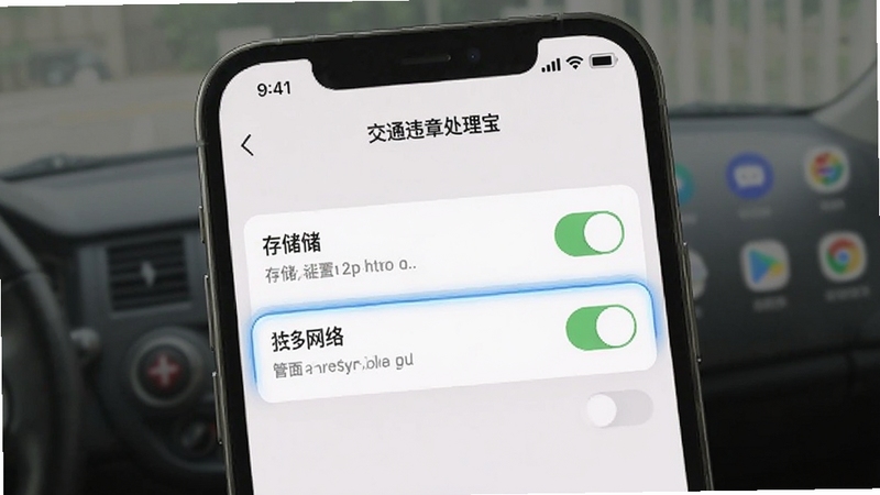 交通违章处理宝安装权限设置示意图,画面为手机设置页面中权限管理界面,高亮显示存储与网络权限开关,背景为浅色手机桌面,风格清晰直观,适配Boogu模型生成