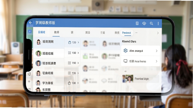 学测网教师版多班级管理界面展示,安卓手机屏幕中显示班级列表与权限设置选项,界面简洁清晰,背景为教室场景虚化处理