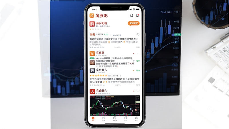 淘股吧应用主界面全貌展示,画面主体为一部竖直放置的智能手机,屏幕内显示淘股吧论坛首页信息流,包含股票讨论帖与实盘赛入口;背景区域为深蓝色渐变至黑色的抽象K线图纹理,画面整体风格简洁专业,适配Boogu模型生成