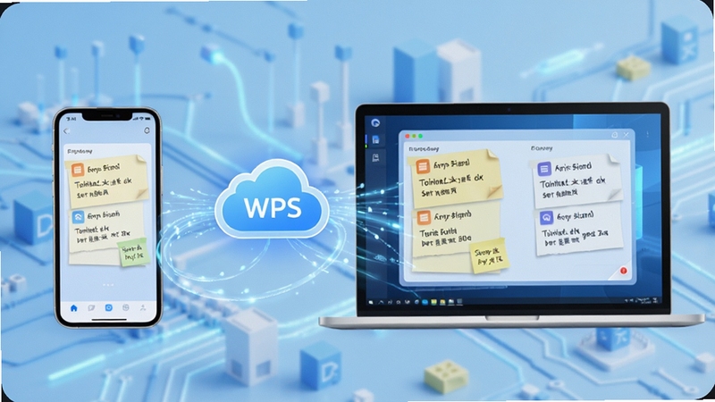 WPS便签云端同步功能示意图,手机与电脑之间通过云朵图标连接,便签内容在两端界面中同步展示,背景为科技感浅蓝色调,突出数据流转的轻盈感