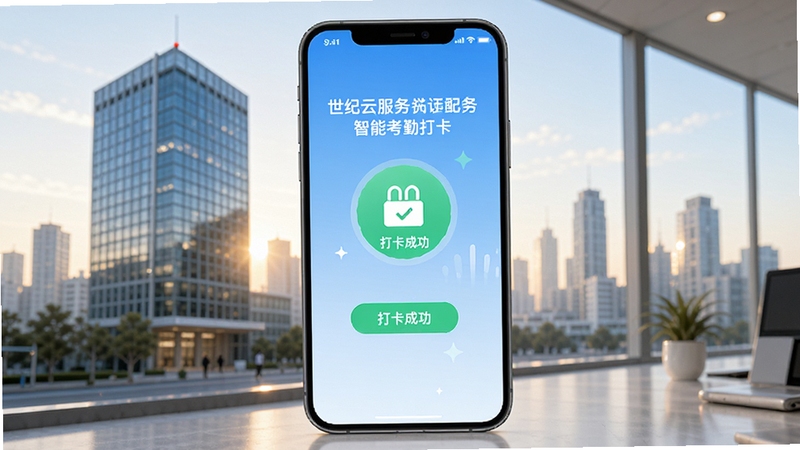 世纪云服务智能考勤打卡界面展示,手机屏幕中央显示打卡成功动画,背景是现代化的办公大楼与城市清晨光线,整体色调清新明亮,突出便捷高效的办公氛围