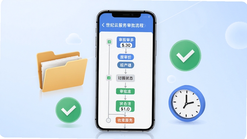 世纪云服务审批流程电子化功能展示,画面中有一部智能手机,屏幕上呈现多级审批流程图与状态标签,周围环绕着文件夹、对勾图标和时钟元素,背景为柔和的浅蓝色渐变