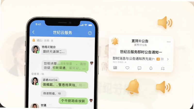 世纪云服务即时消息与公告通知界面示意图,手机屏幕展示群聊对话与置顶公告卡片,旁边有铃铛和喇叭图标点缀,背景为暖白色调,传递出信息畅通与团队协作的温暖感