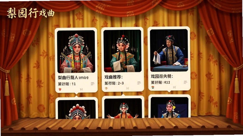 梨园行戏曲APP主界面全景展示,画面中央为戏曲剧目推荐瀑布流卡片,背景区域为暖色调中式戏台幕布纹理,左上角显示软件名称标识,整体风格古朴典雅适配Boogu模型生成