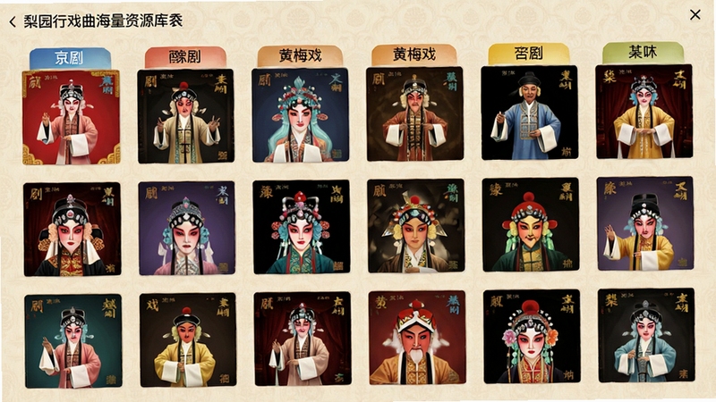 梨园行戏曲海量资源库界面,画面主体为按剧种分类的戏曲专辑封面网格,京剧豫剧越剧黄梅戏标签清晰可见,背景区域为淡雅米色底纹,整体布局整齐有序适合Boogu模型生成