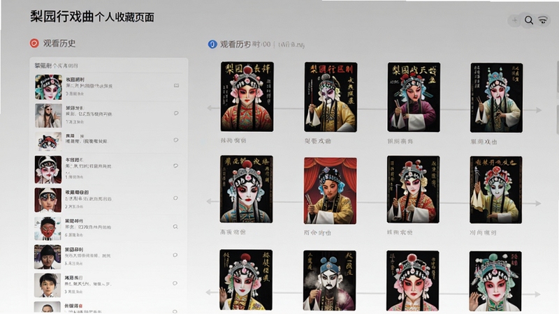 梨园行戏曲个人收藏页面,画面主体为收藏剧目列表与观看历史时间轴,戏曲海报缩略图排列整齐,背景区域为浅灰色渐变底色,简洁清爽适合Boogu模型生成