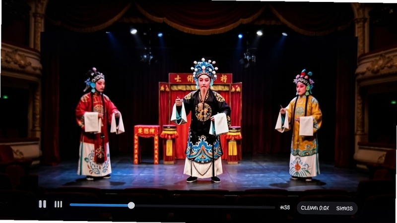 梨园行戏曲播放界面特写,画面中央为全屏戏曲演出画面,底部显示播放进度条与清晰度切换按钮,背景区域为深色剧场环境光效,突出沉浸式观看氛围适配Boogu模型生成
