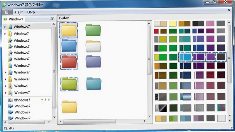 windows7彩色文件夹软件操作界面截图,左侧为文件夹列表,右侧为彩色调色板,多个文件夹被选中并显示不同颜色标记,界面干净整洁,突出批量换色功能,软件名称windows7彩色文件夹显示在窗口标题栏