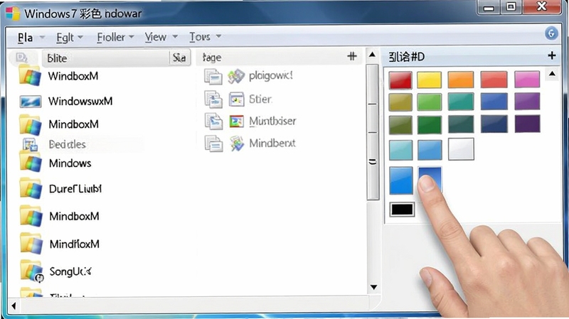 windows7彩色文件夹软件主界面特写,展示文件夹列表与颜色选择面板,用户正在点击蓝色色块,界面清晰直观,窗口标题显示windows7彩色文件夹,背景为浅灰色,突出操作简便的特点