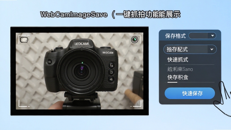 WebCamImageSave 一键抓拍功能展示图,画面中央为摄像头预览画面,右侧显示保存格式选择菜单,背景为淡蓝色渐变,突出快速保存的操作感