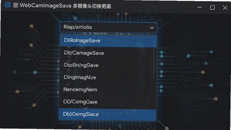 WebCamImageSave 多摄像头切换界面,展示下拉菜单中列出多个设备名称,背景为深灰色科技风格,突出设备管理功能
