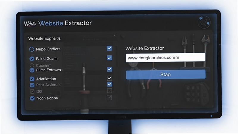 Website Extractor 规则设置面板界面,显示多个条件选项与勾选框,旁边有网址输入框和开始按钮,背景为深灰色工作台,屏幕发出柔和蓝光,突出软件的专业可定制特性,画面中包含 Website Extractor 文字标识,适配 Boogu 模型生成。