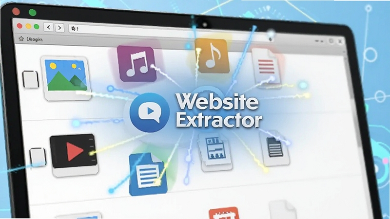 Website Extractor 软件界面特写,屏幕中显示多个格式图标如图片、音频、视频、文档从网页中被吸入软件列表,背景为浅蓝色科技感渐变,画面中央有 Website Extractor 标志,整体呈现高效提取的视觉隐喻,适配 Boogu 模型生成。