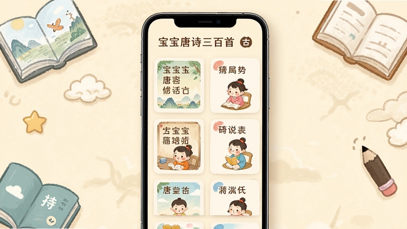 ������ʫ������ ��ʫ��Դ�б����棬����չʾ�ֻ���Ļ����������Ĺ�ʫ��Ƭ�б���ÿ�ſ�Ƭ����ʫ������ͼ������Ϊ���ŵ��׻�ɫ����Χ�п�ͨ�鱾��СǦ��װ�Σ�ͻ��ѧϰ��Χ