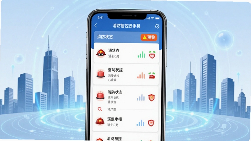 消防智控云手机应用主界面展示智慧消防云平台全貌,画面中央为手机屏幕呈现消防设备状态列表与预警指示灯,背景区域为现代城市楼宇剪影与淡蓝色科技光晕,整体风格简洁明亮,突出安全与科技感