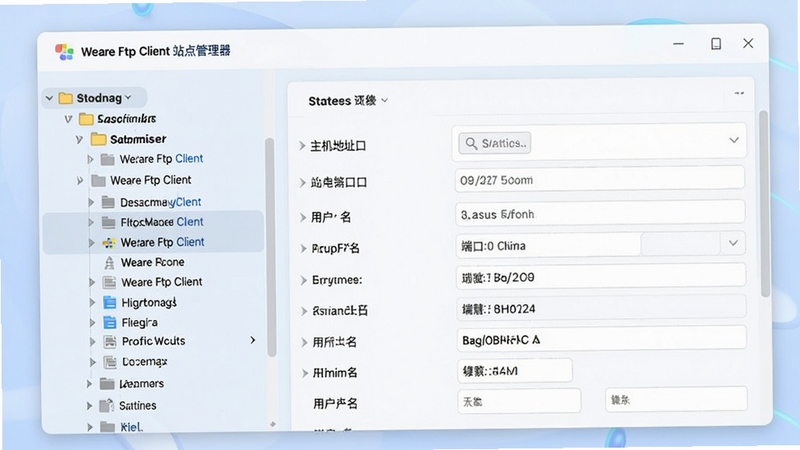 Weare Ftp Client 站点管理器界面,画面展示一个树形结构的站点列表,左侧为分组目录,右侧为站点详细信息表单,表单中包含主机地址、端口、用户名等字段,界面采用卡片式设计,背景为柔和的浅蓝色渐变,整体风格清爽专业