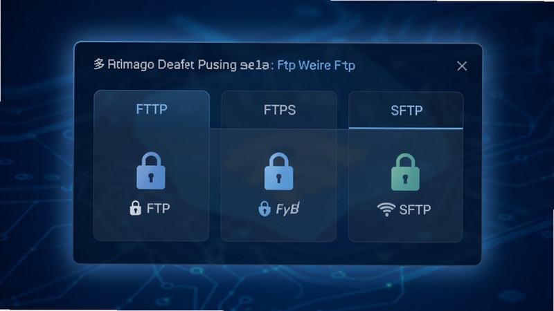 Weare Ftp Client 多协议连接设置界面,画面展示一个悬浮的设置面板,面板内排列着 FTP、FTPS、SFTP 三个选项卡,每个选项卡配有对应的锁形图标与加密标识,背景为深蓝色科技感渐变,面板边缘带有柔和光晕,整体风格简洁现代,突出安全连接的主题