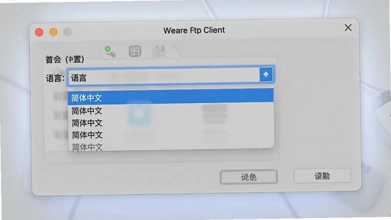 Weare Ftp Client 中文语言设置界面,画面展示软件首选项窗口中的语言选择下拉菜单,菜单中高亮显示“简体中文”选项,窗口背景为浅色磨砂质感,周围有柔和的光线,整体风格干净利落,突出设置操作的便捷性