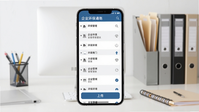 企业环保通台账管理页面,手机屏幕显示文件列表与上传按钮,背景为整洁的办公桌面与文件夹,风格简约商务