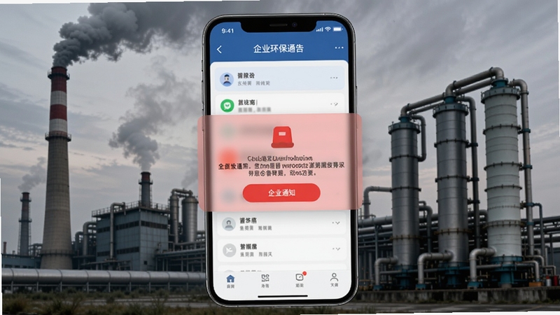 企业环保通告警推送界面,手机屏幕弹出红色预警通知卡片,背景为工厂烟囱与净化设备,画面氛围紧张但有序