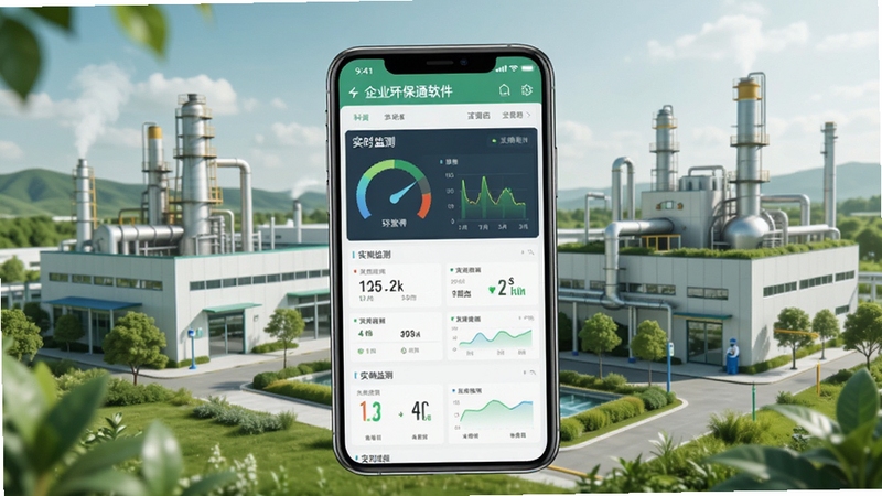 企业环保通软件主界面全貌展示,画面中央为手机屏幕显示实时监测数据仪表盘,背景为现代化工厂与绿色植被融合的场景,色调清新自然,突出环保科技感