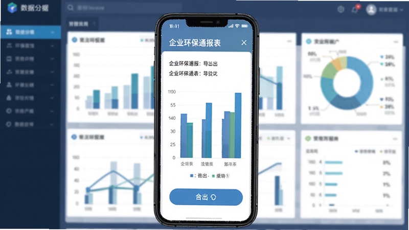 企业环保通报表导出界面,手机屏幕显示柱状图与导出按钮,背景为数据分析仪表盘,色调冷静专业
