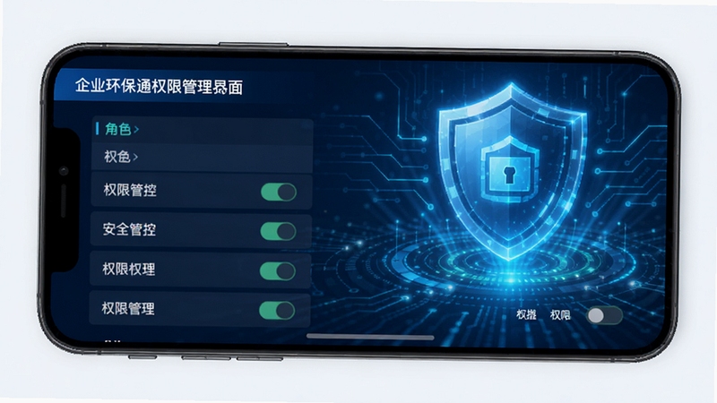 企业环保通权限管理界面,手机屏幕展示角色列表与权限开关,背景为科技感线条与盾牌图标,突出安全与管控