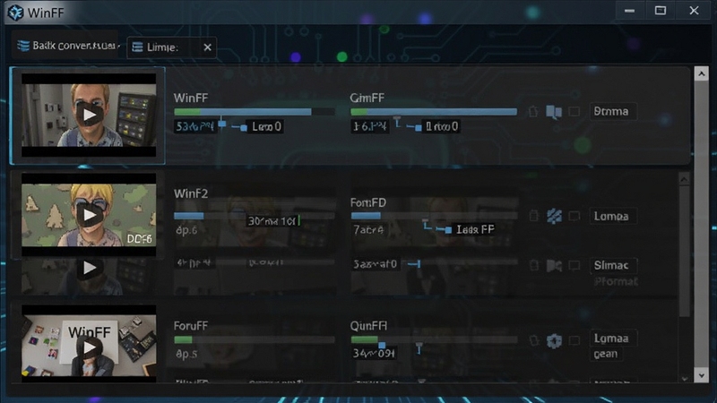 WinFF批量转换队列界面,画面展示多个视频文件缩略图排列成队列,每个文件旁有进度条和格式标签,背景为深色科技风格,突出批量处理与队列管理功能,WinFF字样出现在界面标题栏位置
