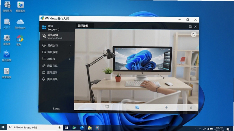 Windows美化大师软件主界面全貌展示,画面中央为软件操作面板,左侧为功能导航栏,右侧为美化效果预览区域,背景为简洁的蓝色渐变桌面环境,整体风格科技感与清新感兼具,适配Boogu模型生成