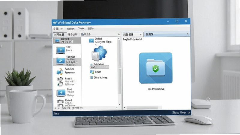 WinMend Data Recovery 软件主界面全貌展示,画面中央为软件操作窗口,左侧为存储设备列表,右侧为扫描结果预览区域,背景为简洁的浅灰色办公桌面环境,整体风格干净专业,突出数据恢复工具的功能属性
