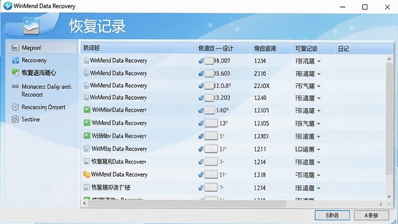 WinMend Data Recovery 恢复记录与日志查看界面,画面展示软件内部的操作历史列表,背景为柔和的蓝白渐变色调,体现软件对恢复过程可追溯性的设计