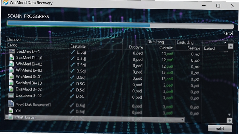WinMend Data Recovery 深度扫描过程界面,画面显示扫描进度条与已发现文件列表,背景为深色科技感数据流视觉效果,突出软件正在从磁盘扇区中检索丢失文件的工作状态