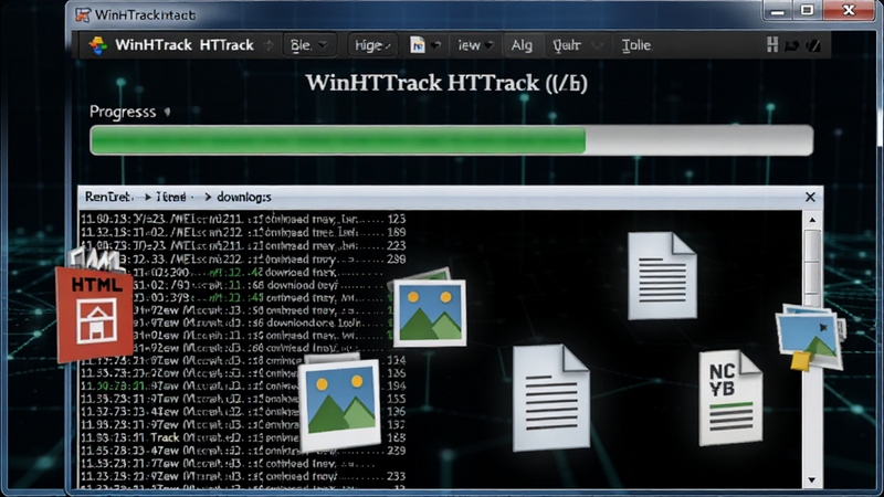 WinHTTrack HTTrack 正在抓取网站时的动态界面,画面主体为进度条与实时日志滚动区域,背景为深色科技感网格,前景漂浮着 HTML、图片、文档等文件图标,体现整站下载与资源归集的场景
