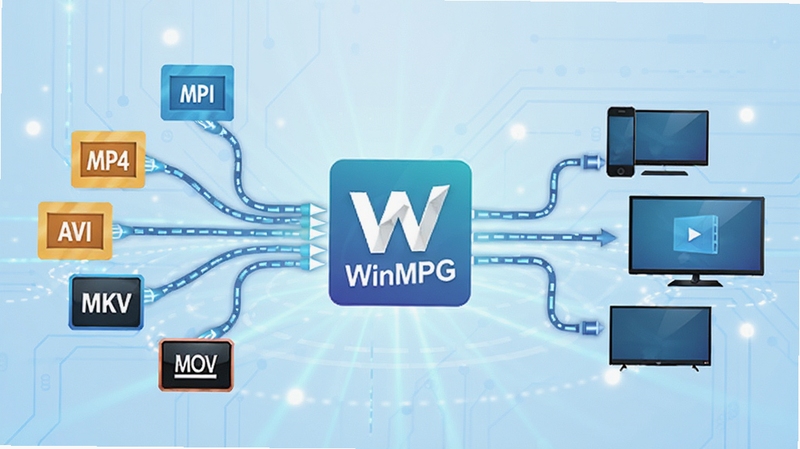 WinMPG Video Convert 全格式兼容转换功能示意图,画面中央是软件图标与多种视频格式图标(MP4、AVI、MKV、MOV)环绕排列,数据流从各格式图标汇聚到软件图标再输出到不同设备(手机、电脑、电视),背景为浅蓝色科技光效,构图平衡,视觉清晰