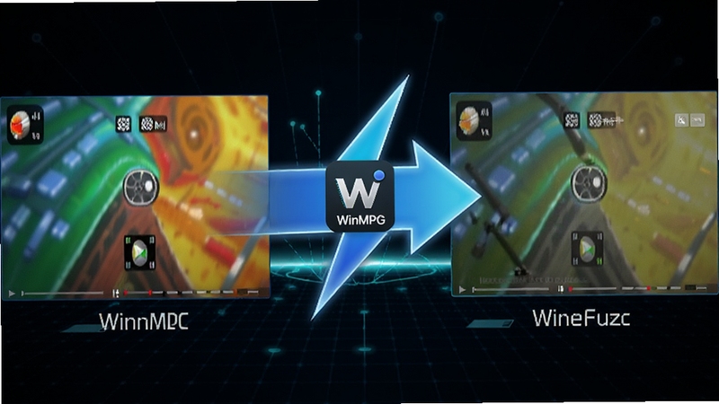 WinMPG Video Convert 高速转换与无损画质功能概念图,画面左侧是原始高清视频画面(色彩鲜艳),右侧是转换后的视频画面(同样清晰),中间用一道闪电形状的转换箭头连接,软件图标位于箭头中央,背景为深色科技网格,突出速度与画质无损