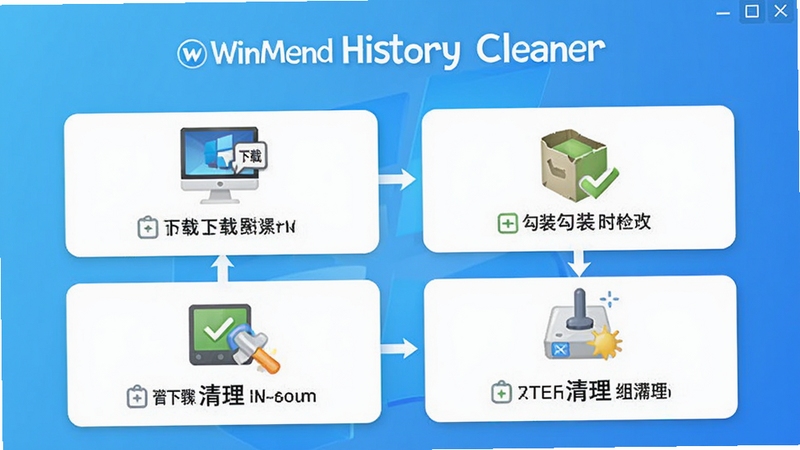 WinMend History Cleaner 新手操作步骤示意图,画面以图文结合方式展示下载、安装、勾选、清理四个步骤,背景为清爽的蓝色渐变与白色卡片式设计,适配Boogu模型生成