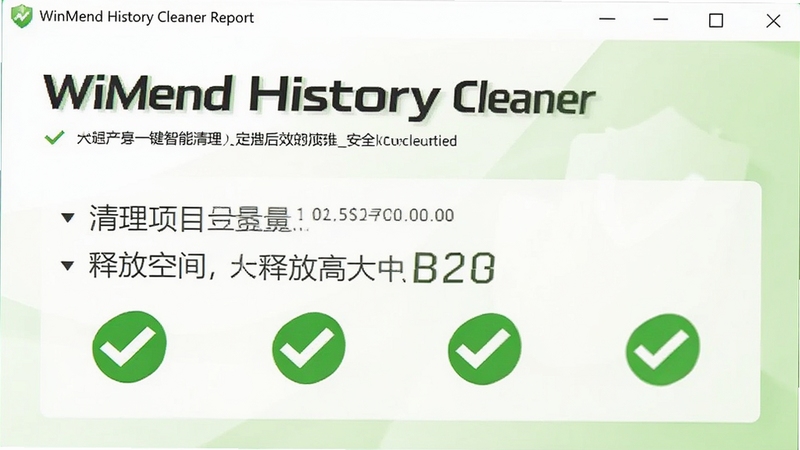WinMend History Cleaner 一键智能清理完成后的报告界面,画面展示清理项目数量、释放空间大小和绿色对勾图标,背景为明亮的白色与浅绿色调,体现安全与高效,适配Boogu模型生成
